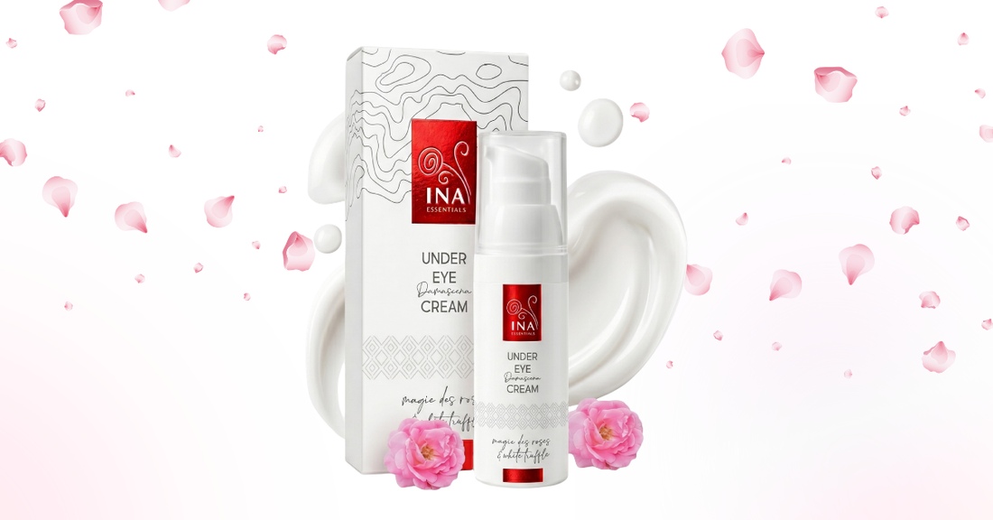 Rose Eye Lift eye cream for wrinkles with box and pink rose petals