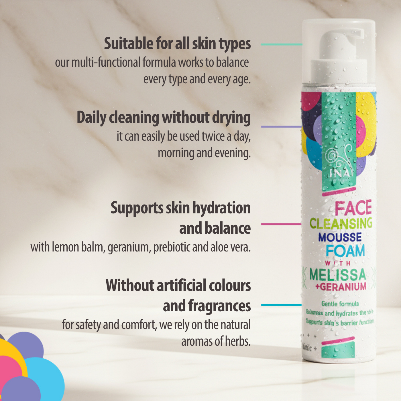 Natural Cleansing Foam for Face with Lemon Balm and Geranium - for every skin type