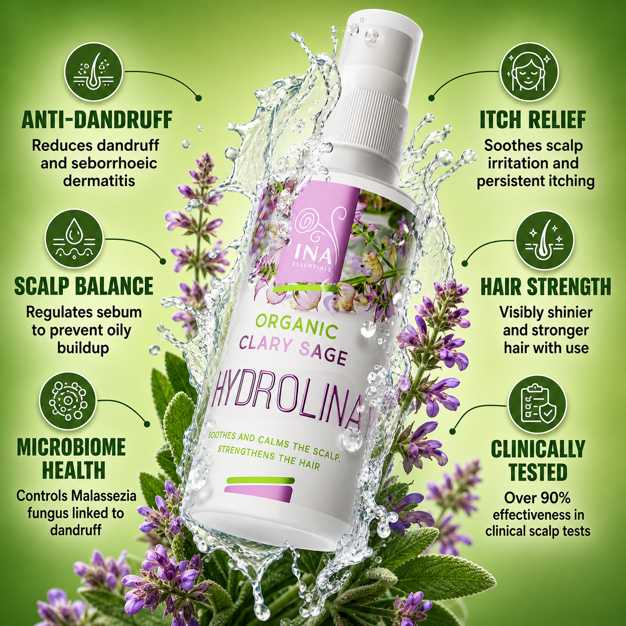 Organic Clary Sage Water (Salvia) - Hydrolina for Dandruff and Itching scalp