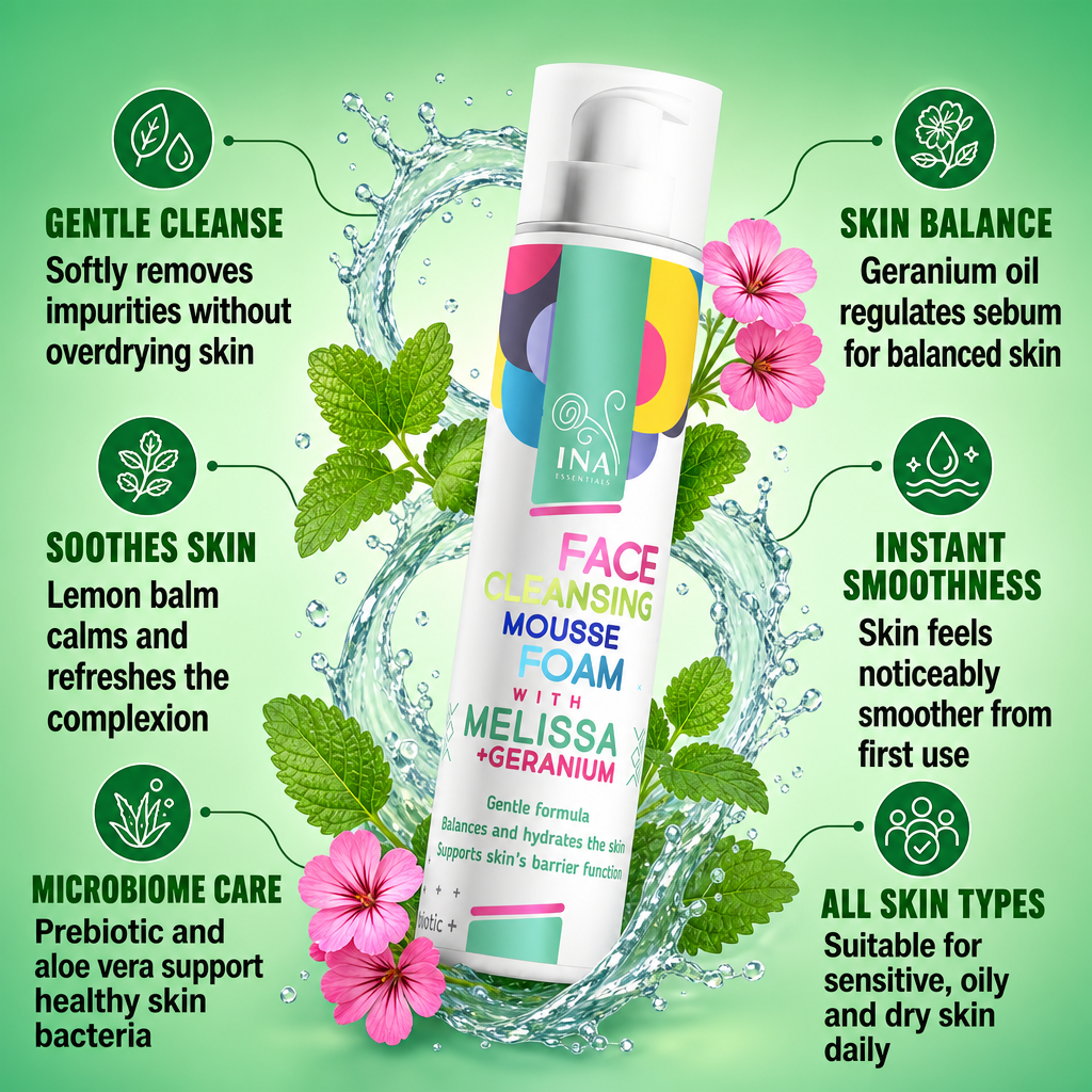 Natural Cleansing Foam for Face with Lemon Balm and Geranium - for every skin type