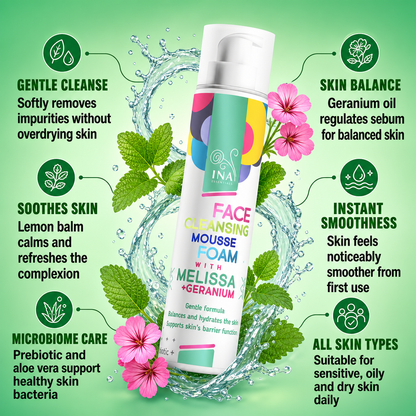 Natural Cleansing Foam for Face with Lemon Balm and Geranium - for every skin type