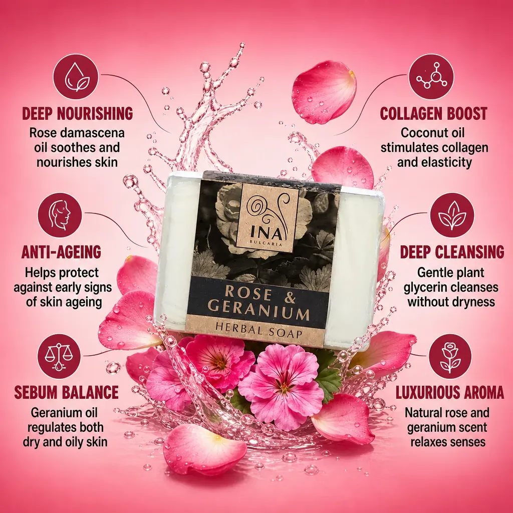 + Gift Natural Herbal Soap with Rose Damascena Oil and Geranium - nourishing action