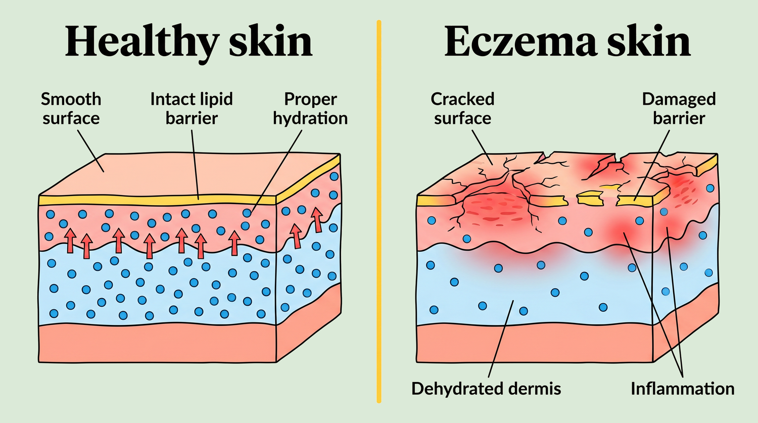 Healthy vs eczema skin layers green bg